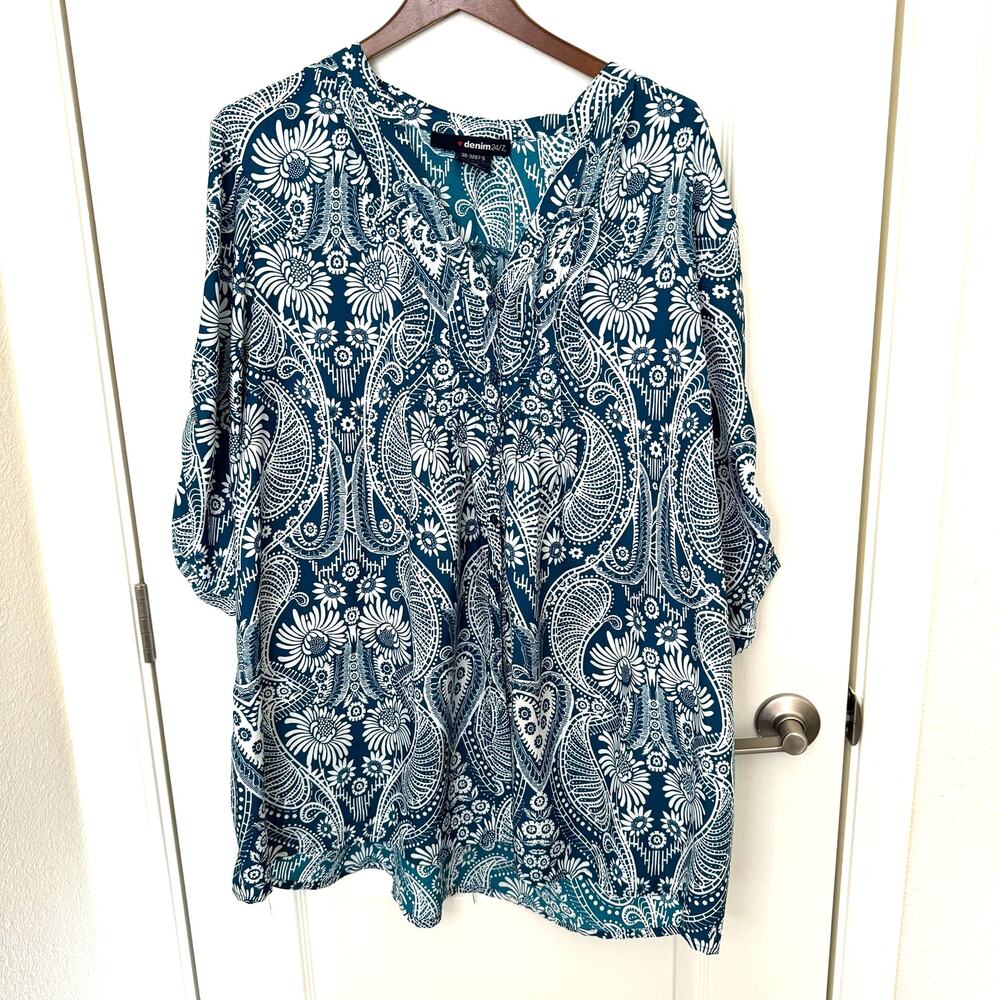 ❤️Denim 24/7 Tunic Blouse 3/4 tab Sleeves Button Down Women’s 22W Boho